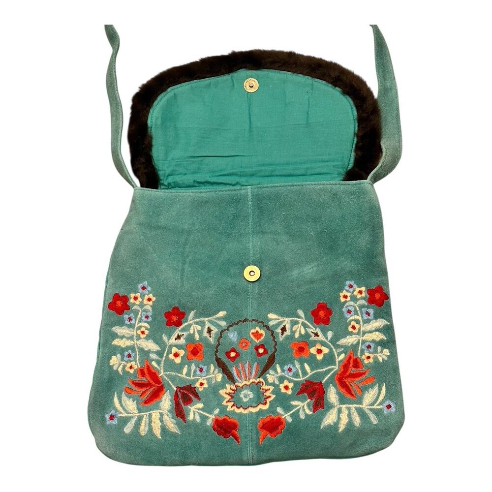 Mossimo Genuine Suede Leather Bag Purse Faux Fur Trim Embroidered Floral Boho - Picture 3 of 12